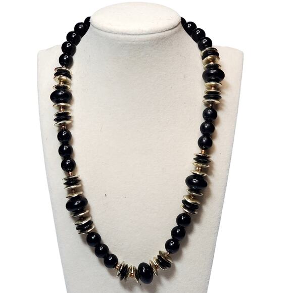 Basic Black Silver Beaded Necklace Minimalist 16" Spring Ring Closure - Picture 1 of 4